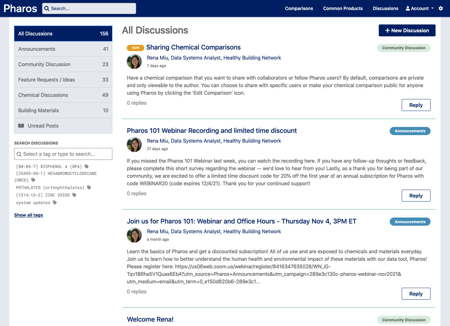 Preview screenshot of the Pharos discussion board, with snippets of the most recent discussions and buttons to post or reply.